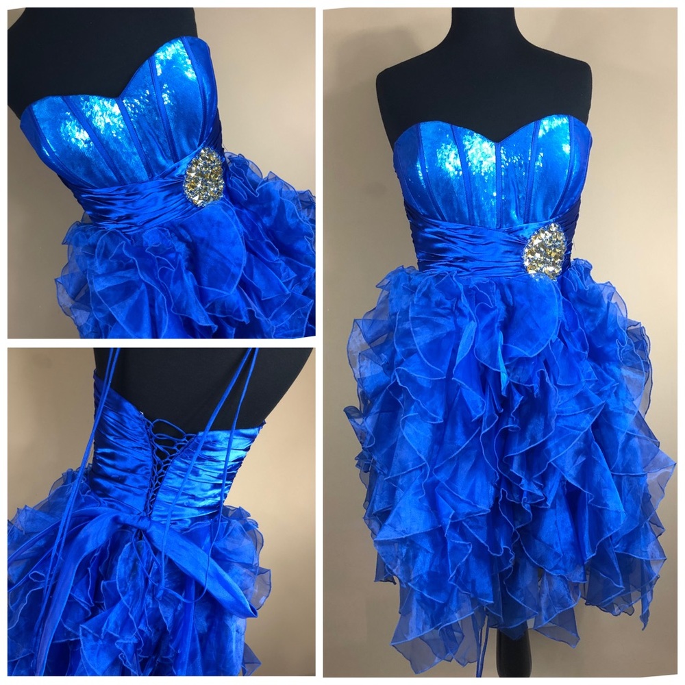Blue strapless Sequin Corset-back tea length dress